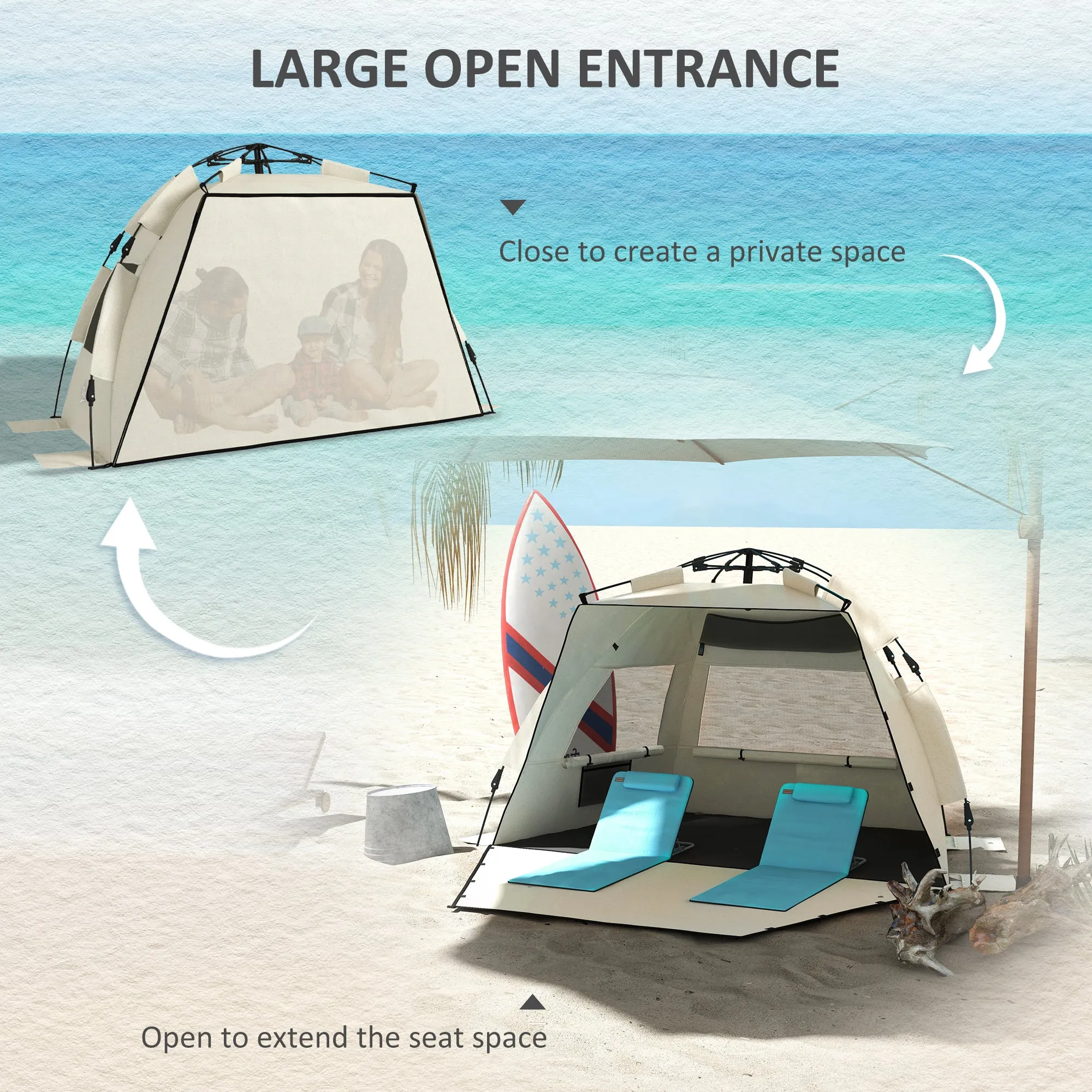 2-3 Person Pop Up Beach Tent, UPF15  Sun Shelter with Extended Floor, Sandbags, Mesh Windows and Carry Bag, Khaki