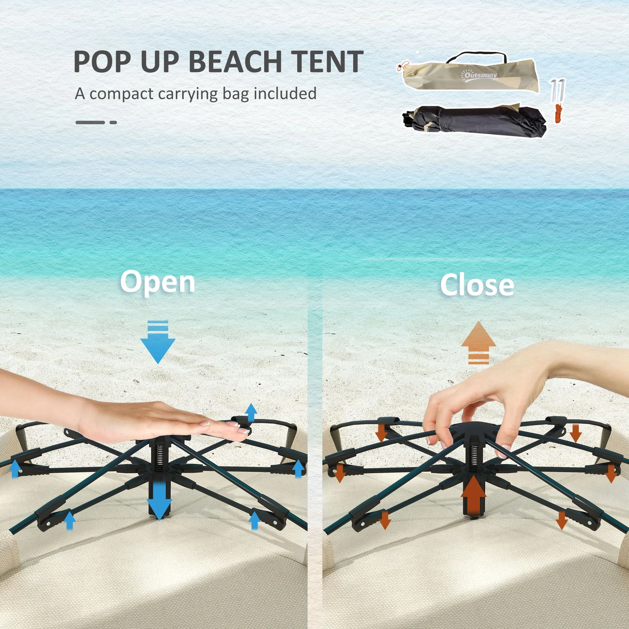 2-3 Person Pop Up Beach Tent, UPF15  Sun Shelter with Extended Floor, Sandbags, Mesh Windows and Carry Bag, Khaki