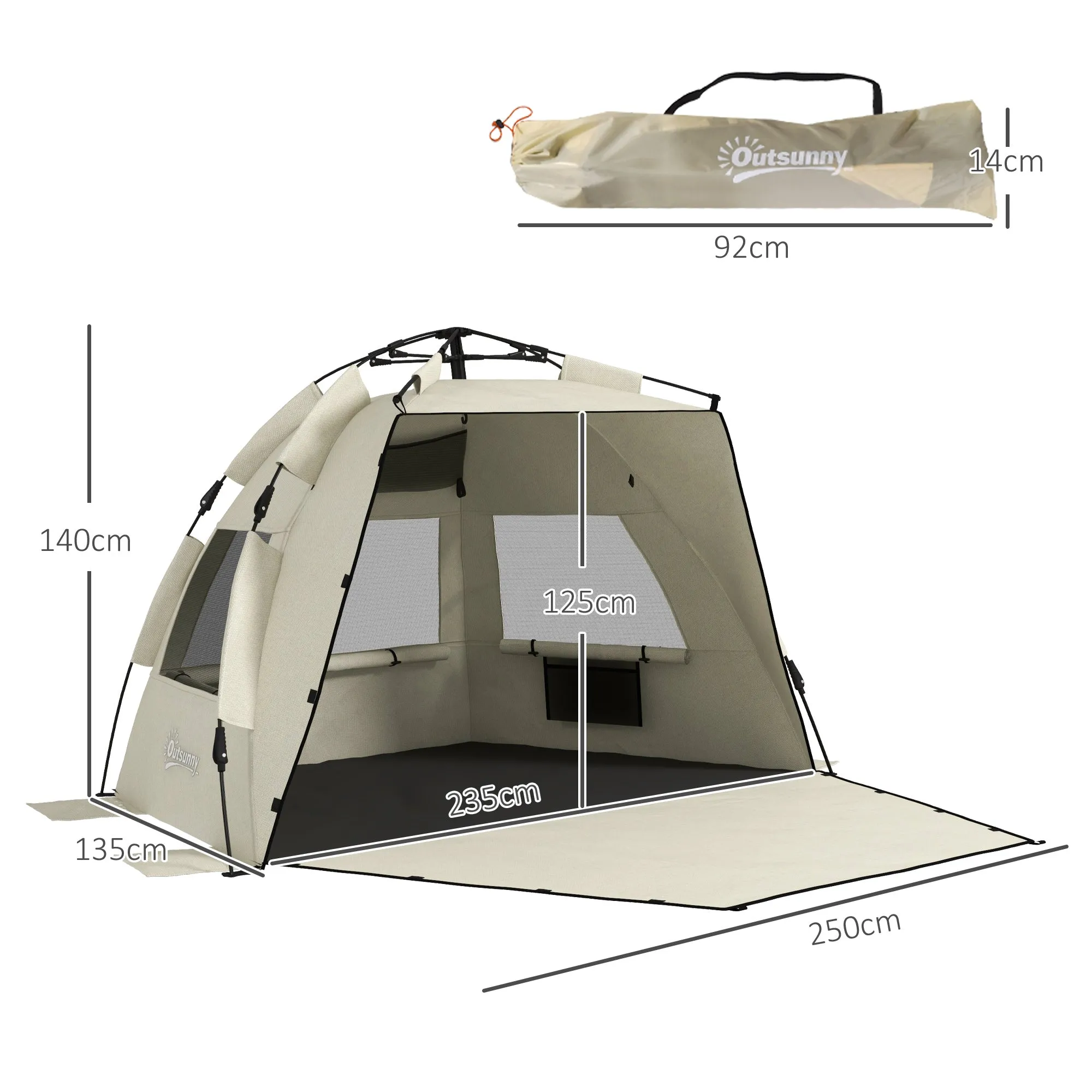 2-3 Person Pop Up Beach Tent, UPF15  Sun Shelter with Extended Floor, Sandbags, Mesh Windows and Carry Bag, Khaki