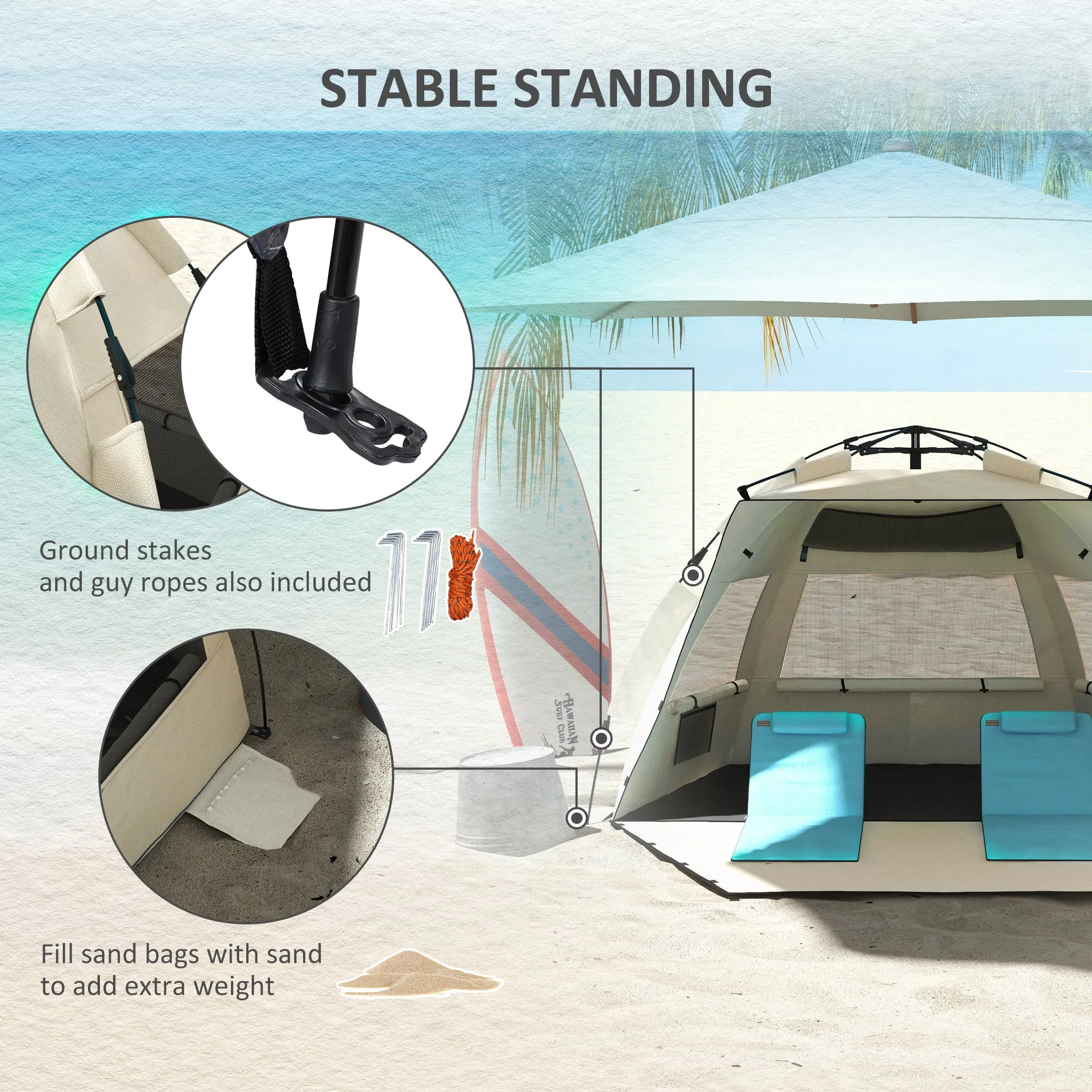 2-3 Person Pop Up Beach Tent, UPF15  Sun Shelter with Extended Floor, Sandbags, Mesh Windows and Carry Bag, Khaki