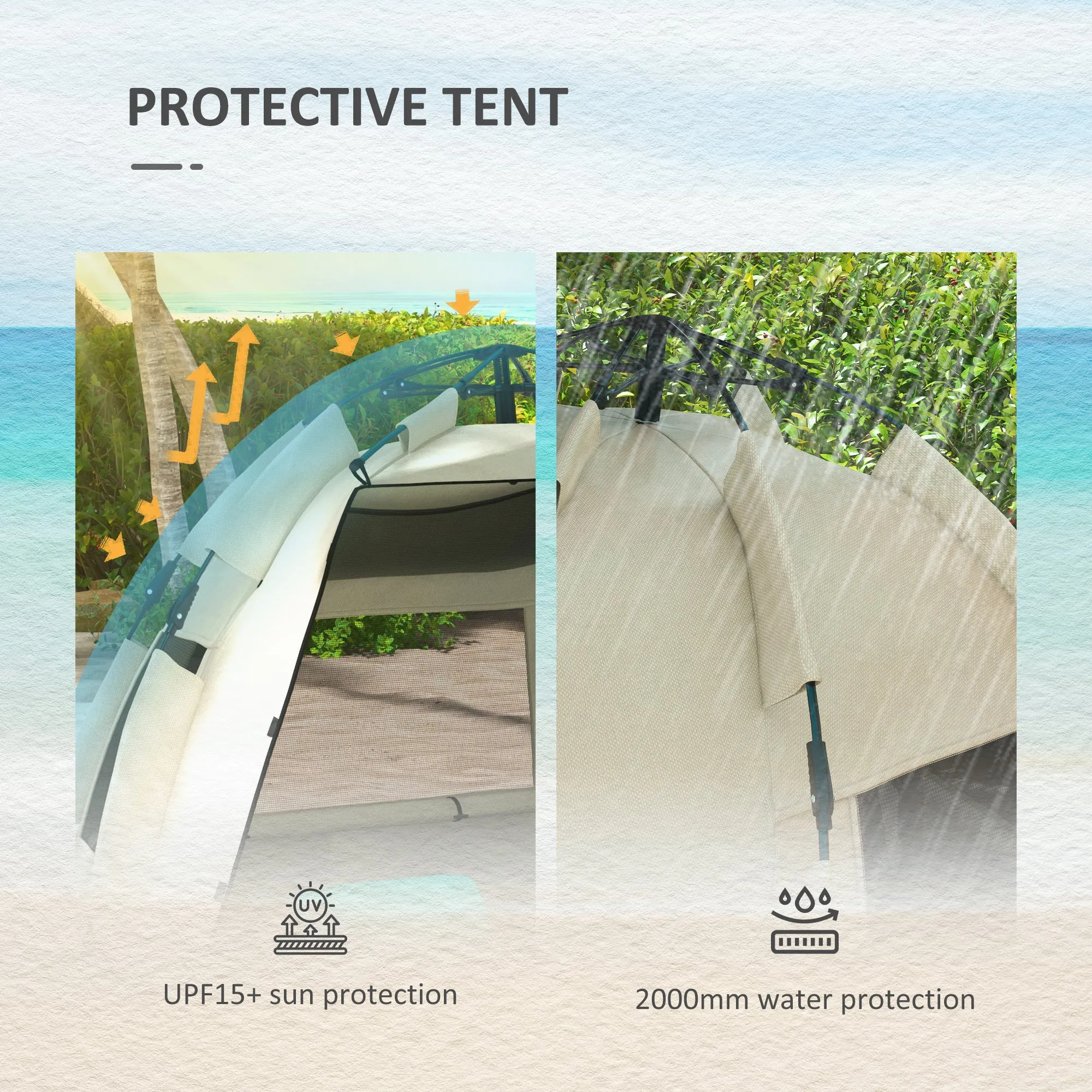 2-3 Person Pop Up Beach Tent, UPF15  Sun Shelter with Extended Floor, Sandbags, Mesh Windows and Carry Bag, Khaki