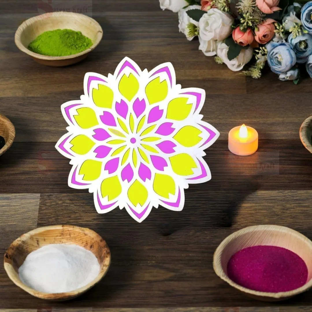 53 Arts Reusable MDF Rangoli Mat with Wooden Base Stencils Border for Floor Home Decoration, Pooja, Diwali Decor DIY