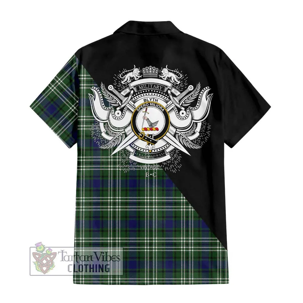 Blyth Tartan Short Sleeve Button Shirt with Family Crest and Military Logo Style