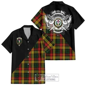 Buchanan Tartan Short Sleeve Button Shirt with Family Crest and Military Logo Style