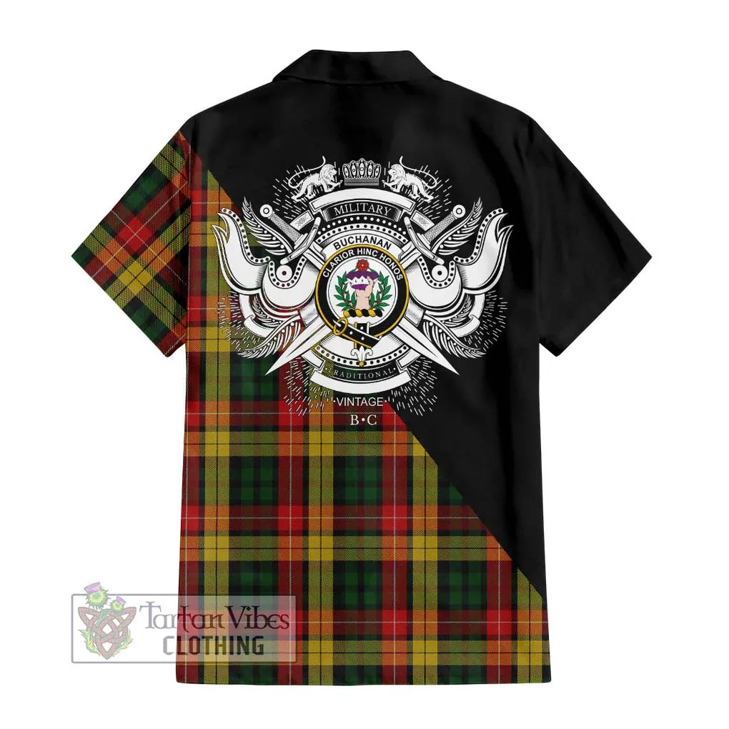 Buchanan Tartan Short Sleeve Button Shirt with Family Crest and Military Logo Style