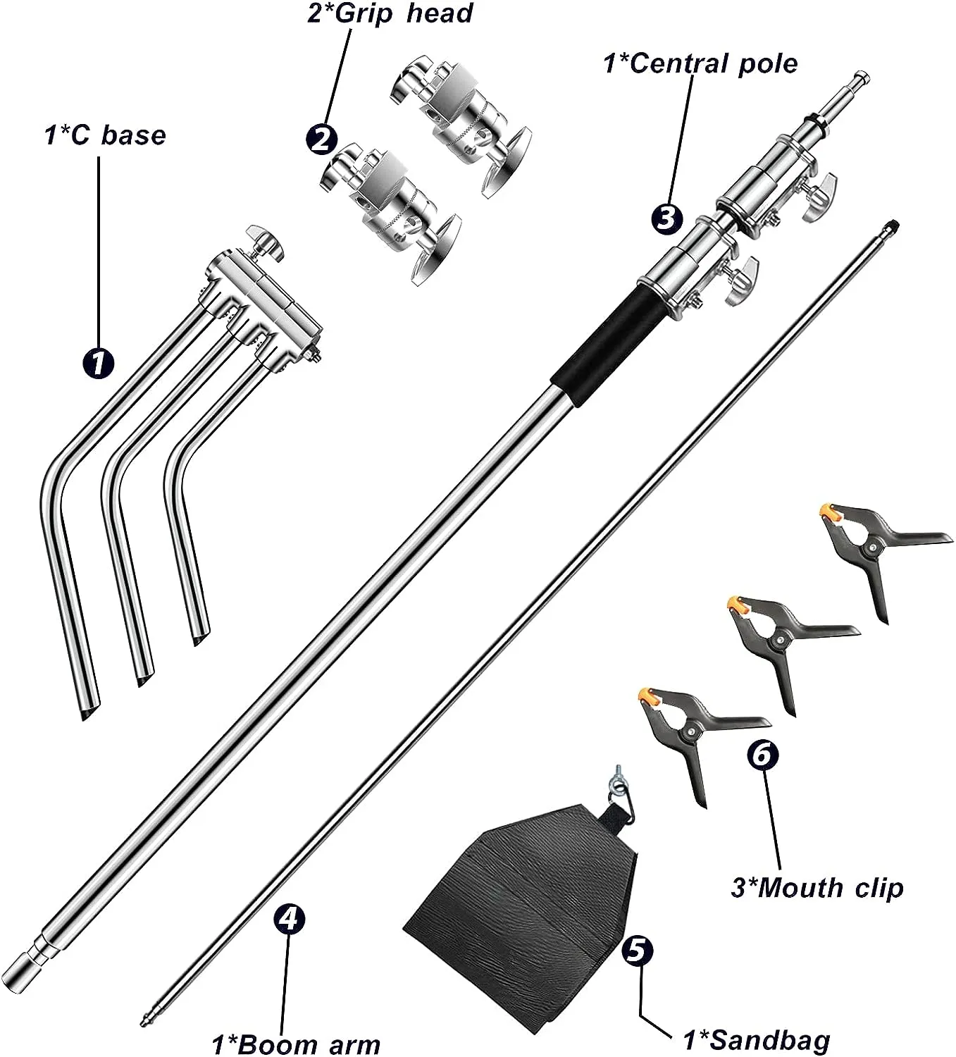 C Stand with Boom Arm-Photography Light Stand - Max Height 10.5ft/320cm, with 4.2ft/128cm Holding Arm , Stainless Steel Heavy Duty Stand Silver (CXJH01)