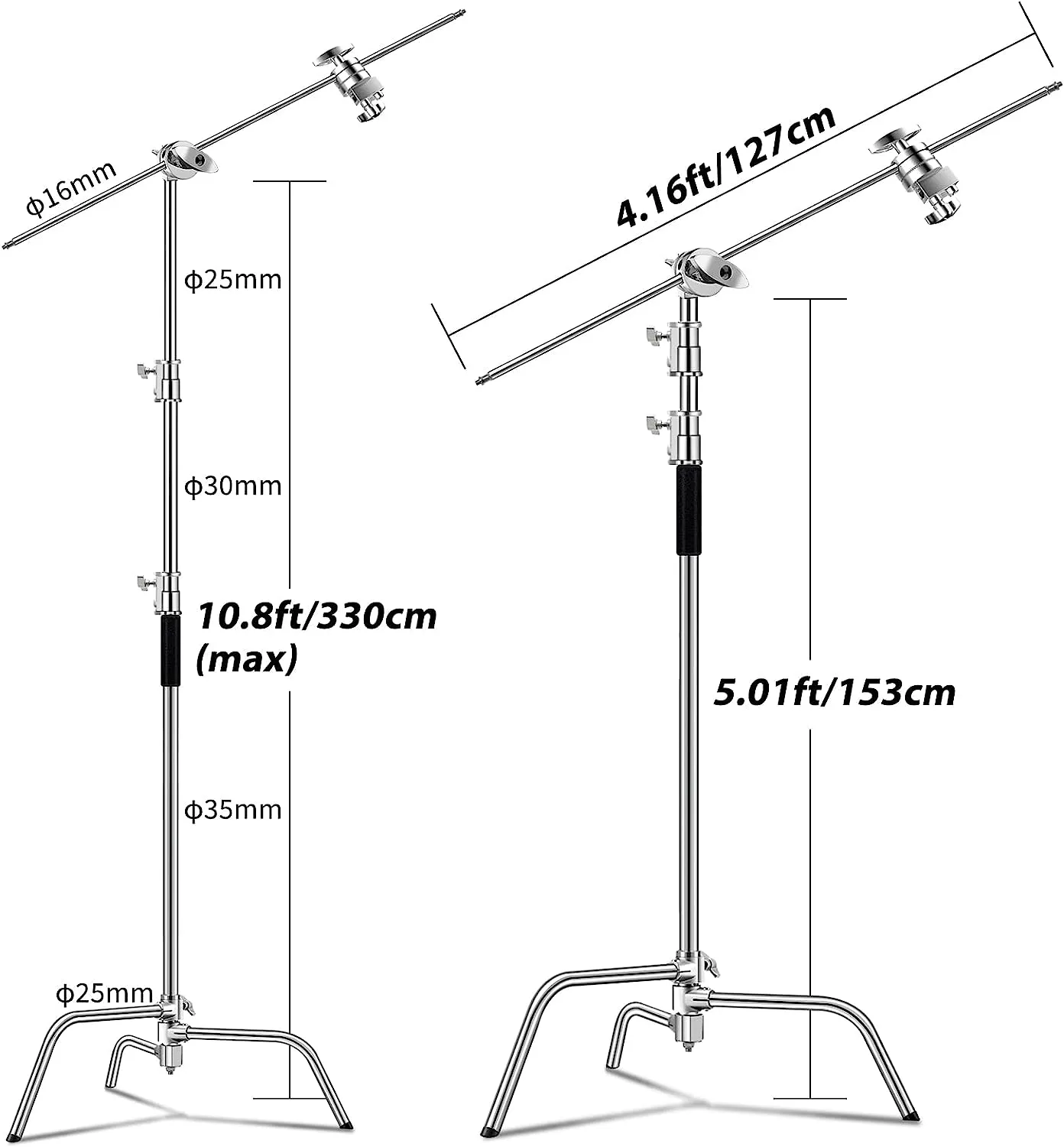 C Stand with Boom Arm-Photography Light Stand - Max Height 10.5ft/320cm, with 4.2ft/128cm Holding Arm , Stainless Steel Heavy Duty Stand Silver (CXJH01)