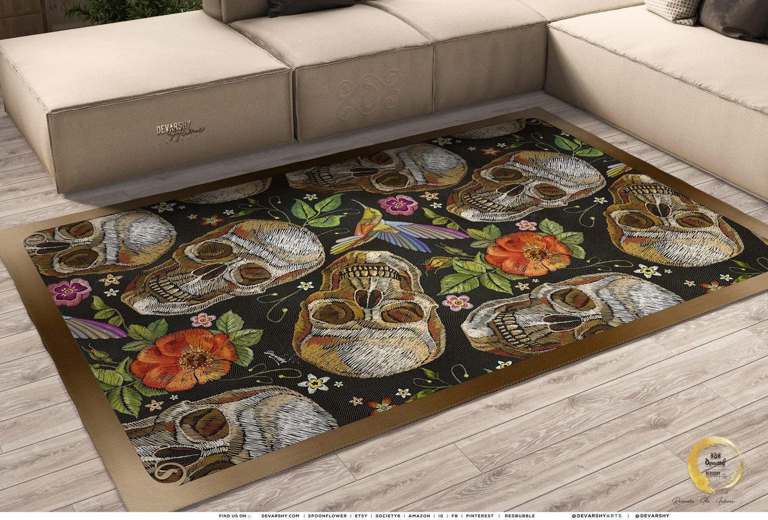 Embroidered Skulls Area Rug, Available in 3 sizes | D20045