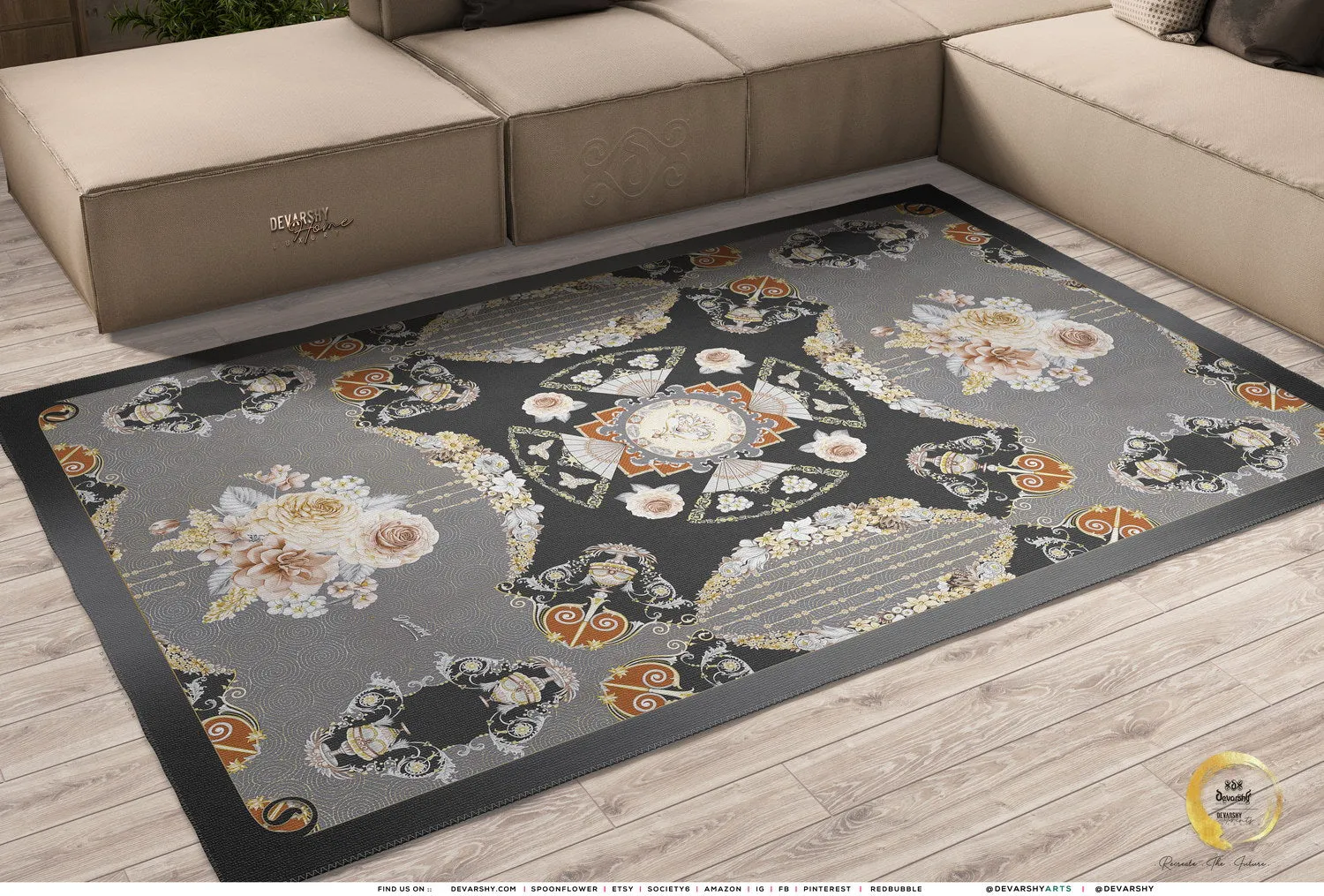 Floral Area Rug, Grey Floral Print Carpet, Bedroom Area Rug in 3 sizes | D20006