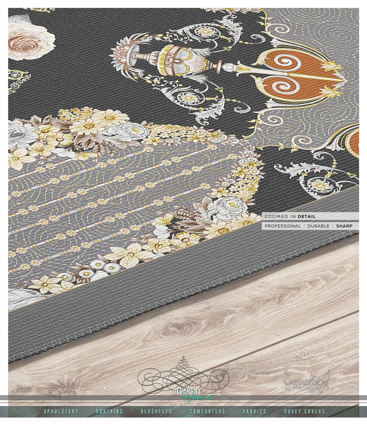 Floral Area Rug, Grey Floral Print Carpet, Bedroom Area Rug in 3 sizes | D20006