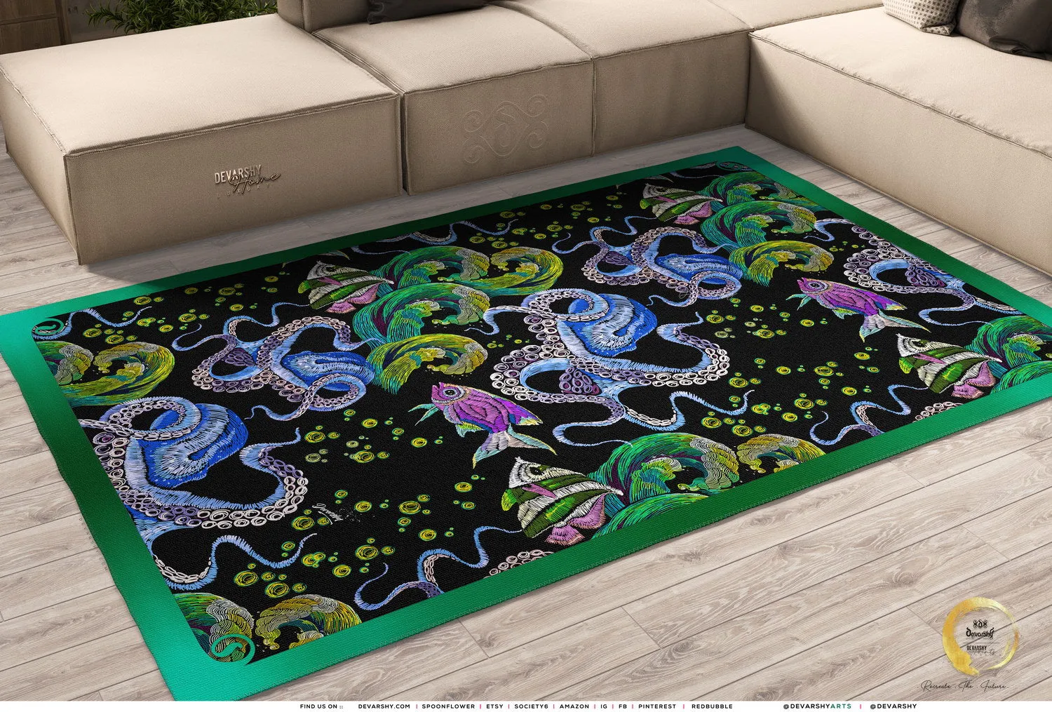 Green Octopus Area Rug, Available in 3 sizes | D20028