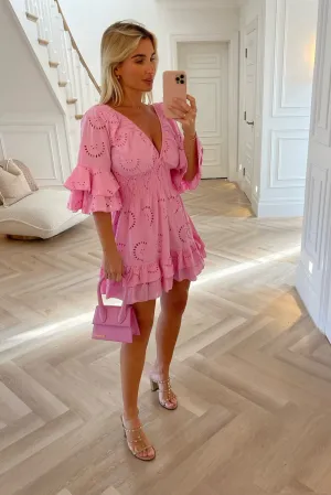 RUFFLE SLEEVE PINK COTTON MINI DRESS