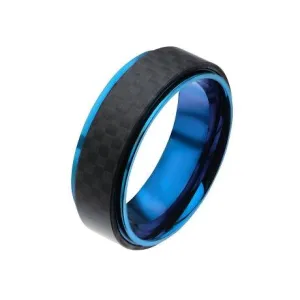 Stainless Steel Blue Plated and Solid Carbon Fiber Ring - 8mm