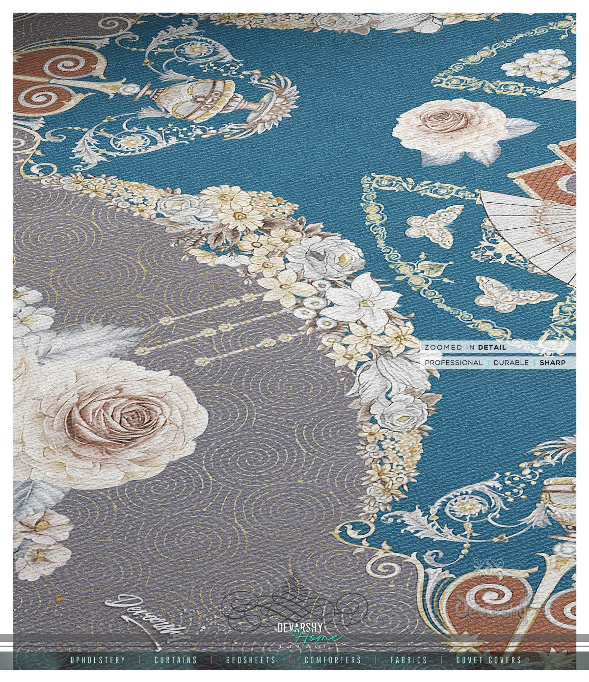 Teal Floral Print Area Rug Chenille Carpet Baroque Rug Available in 3 sizes | D20005