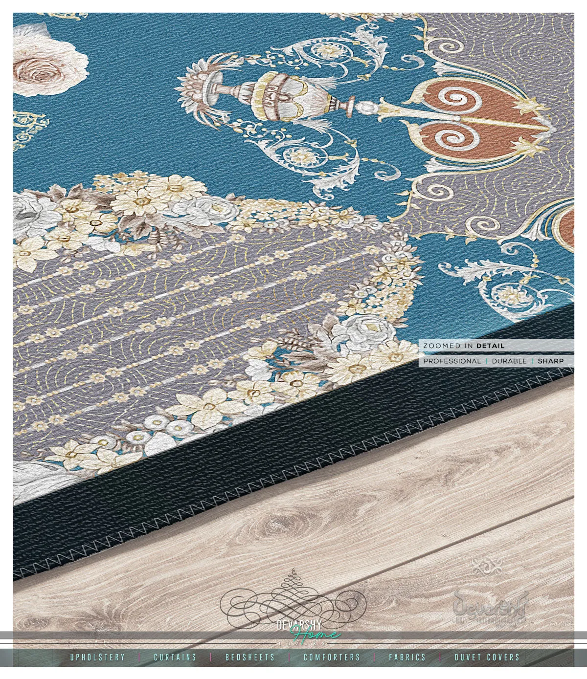 Teal Floral Print Area Rug Chenille Carpet Baroque Rug Available in 3 sizes | D20005