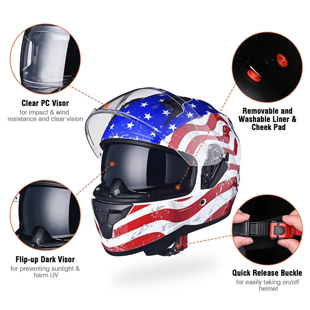 TheLAShop Helmet RUN-F Full Face Helmet Dual Visor DOT Eagle