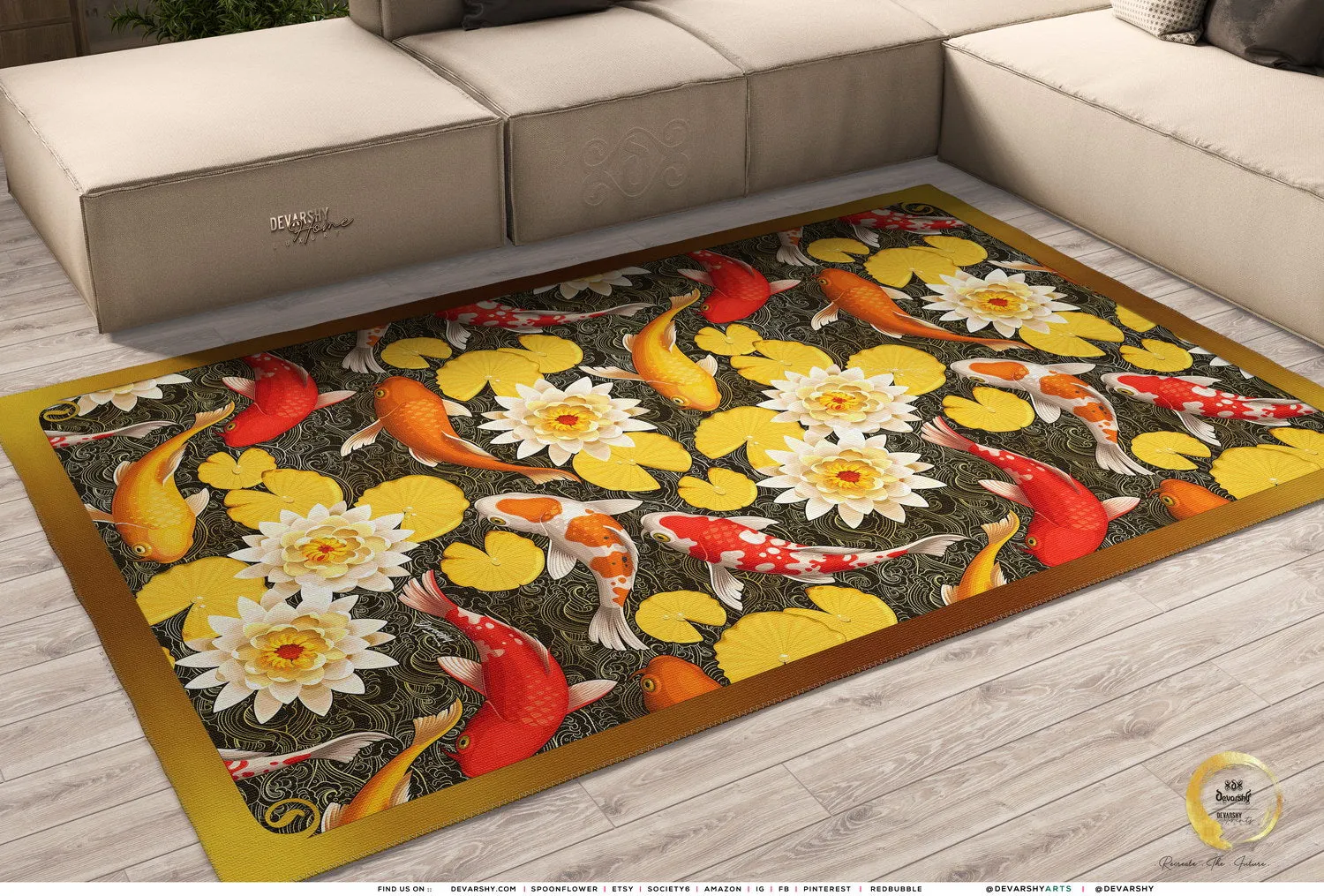 Yellow Japanese Koi Fish Area Rug Available in 3 sizes | D20017